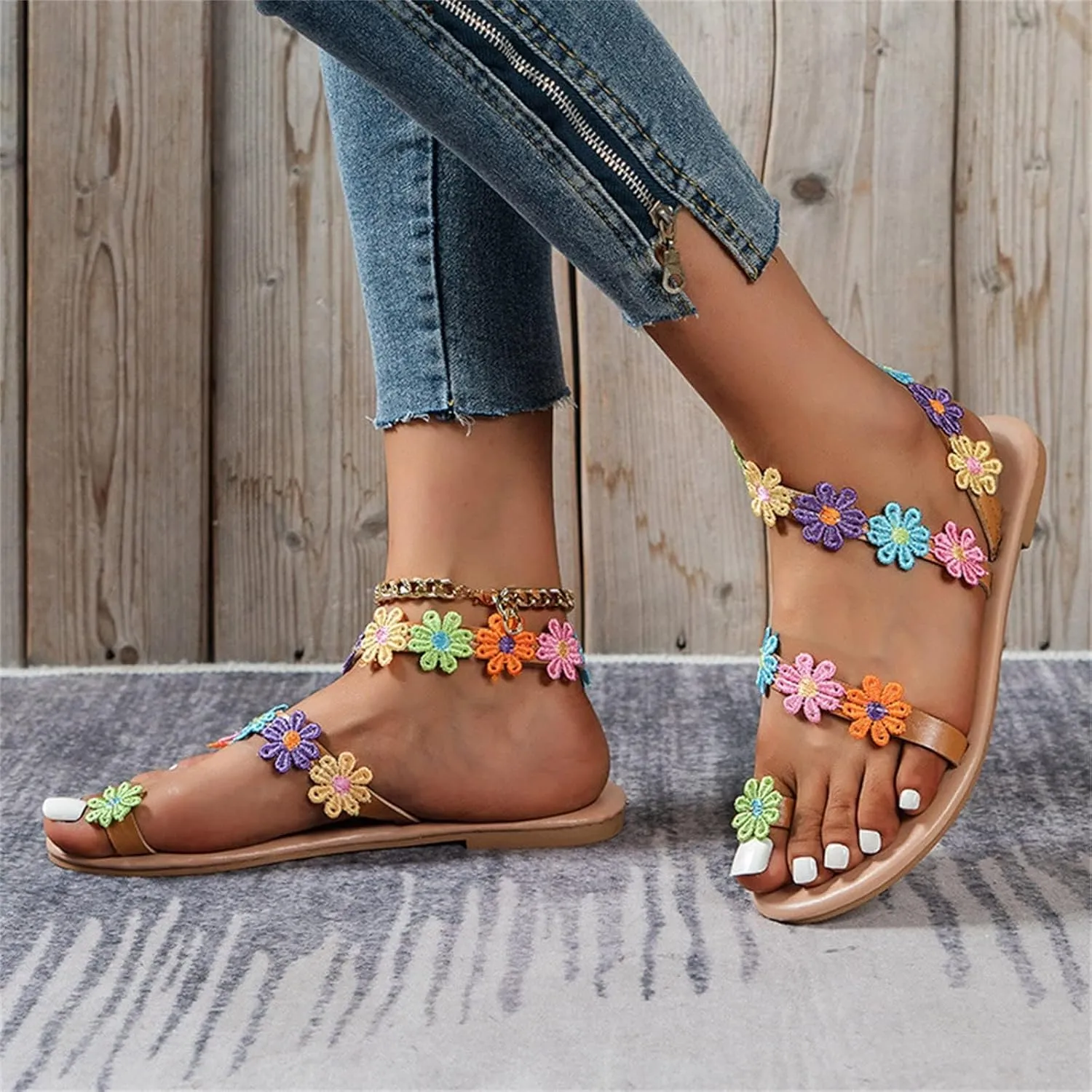 Pearl and Rhinestone Boho Sandals for Women 2025 New Dressy Summer Sparkly Rhinestone Beaded Beach Wedding Sandals for Bride Bohemian Lace Flower Flats Ankle Strap Beach Wedding Shoes