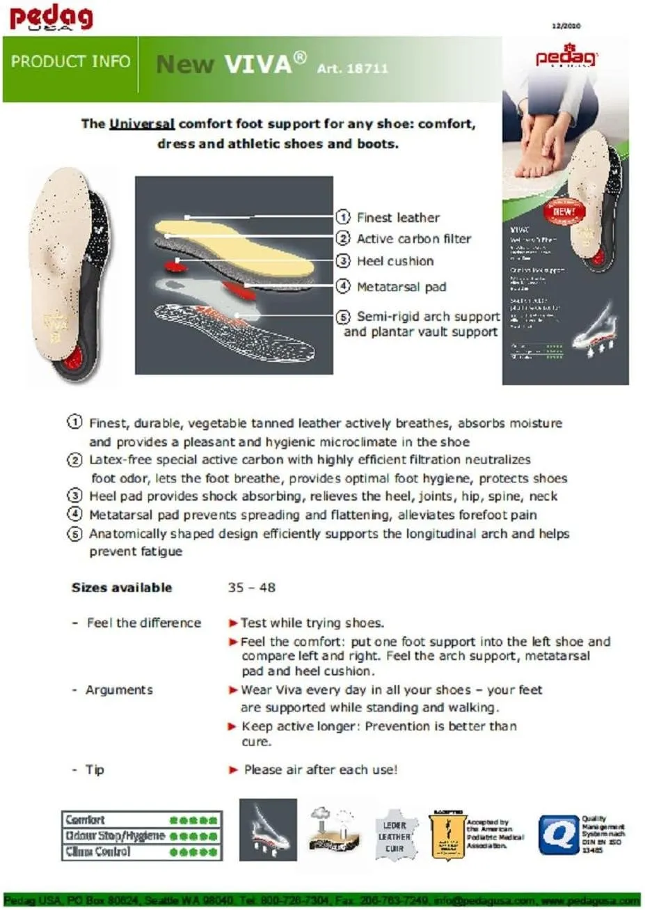 Pedag Viva | Leather Arch Support Inserts | Handmade in Germany | Plantar Fasciitis Relief | Heel Cushion | Activated Charcoal Odor Control | Metatarsal Support Pad | Tan | Men US 12/ EU 45