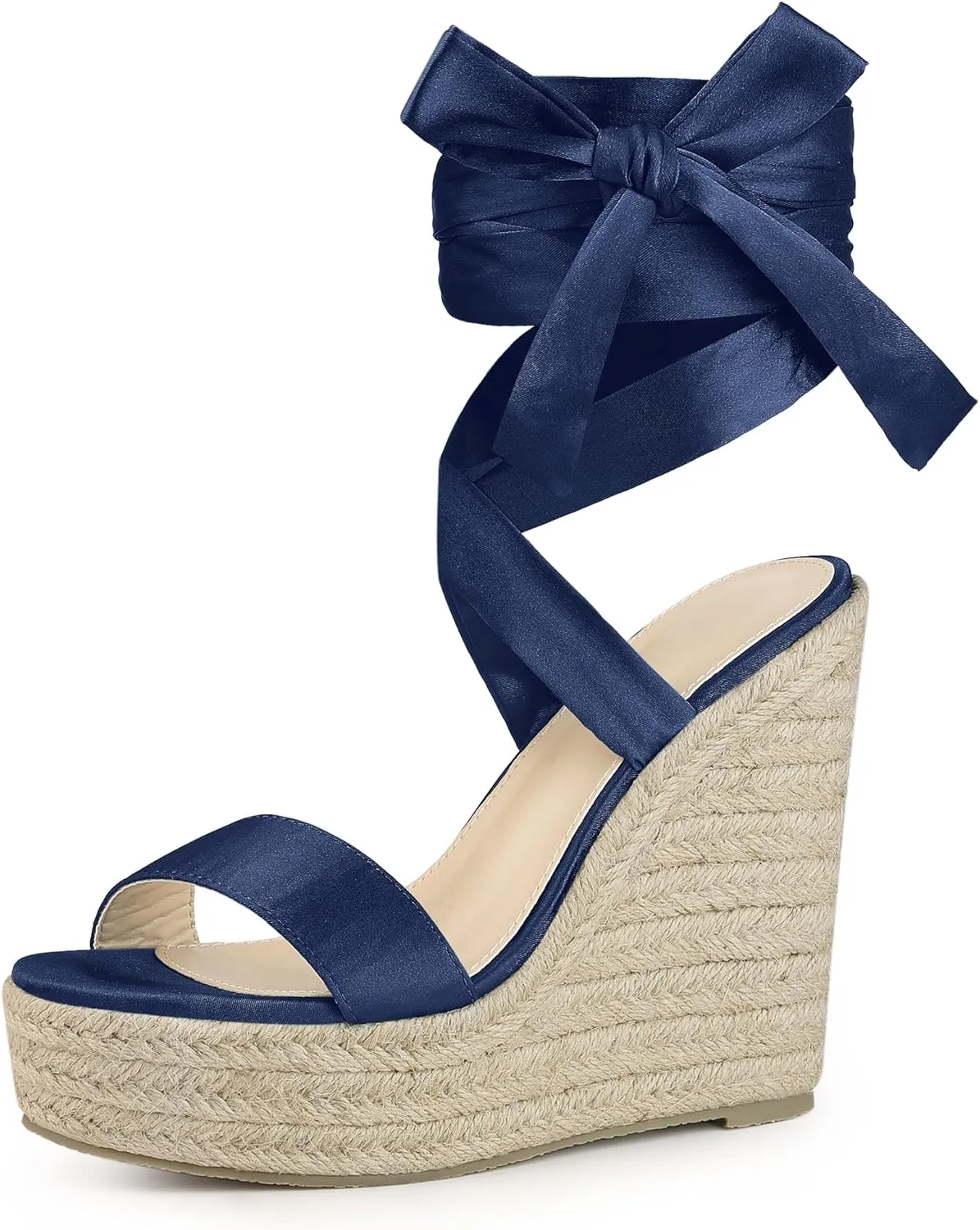 Perphy Platform Bow Ankle Tie Espadrilles Satin Lace Up Wedge Sandals for Women