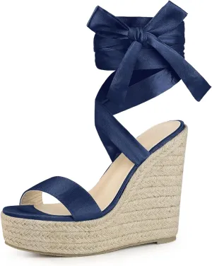 Perphy Platform Bow Ankle Tie Espadrilles Satin Lace Up Wedge Sandals for Women
