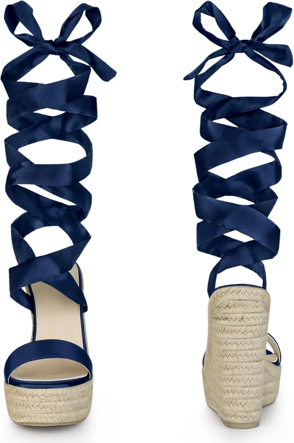 Perphy Platform Bow Ankle Tie Espadrilles Satin Lace Up Wedge Sandals for Women