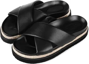 Platform Sandals for Women 2025 Raffia Espadrilles Slides Slip On Open Toe Summer Sandals with Criss Cross Decor