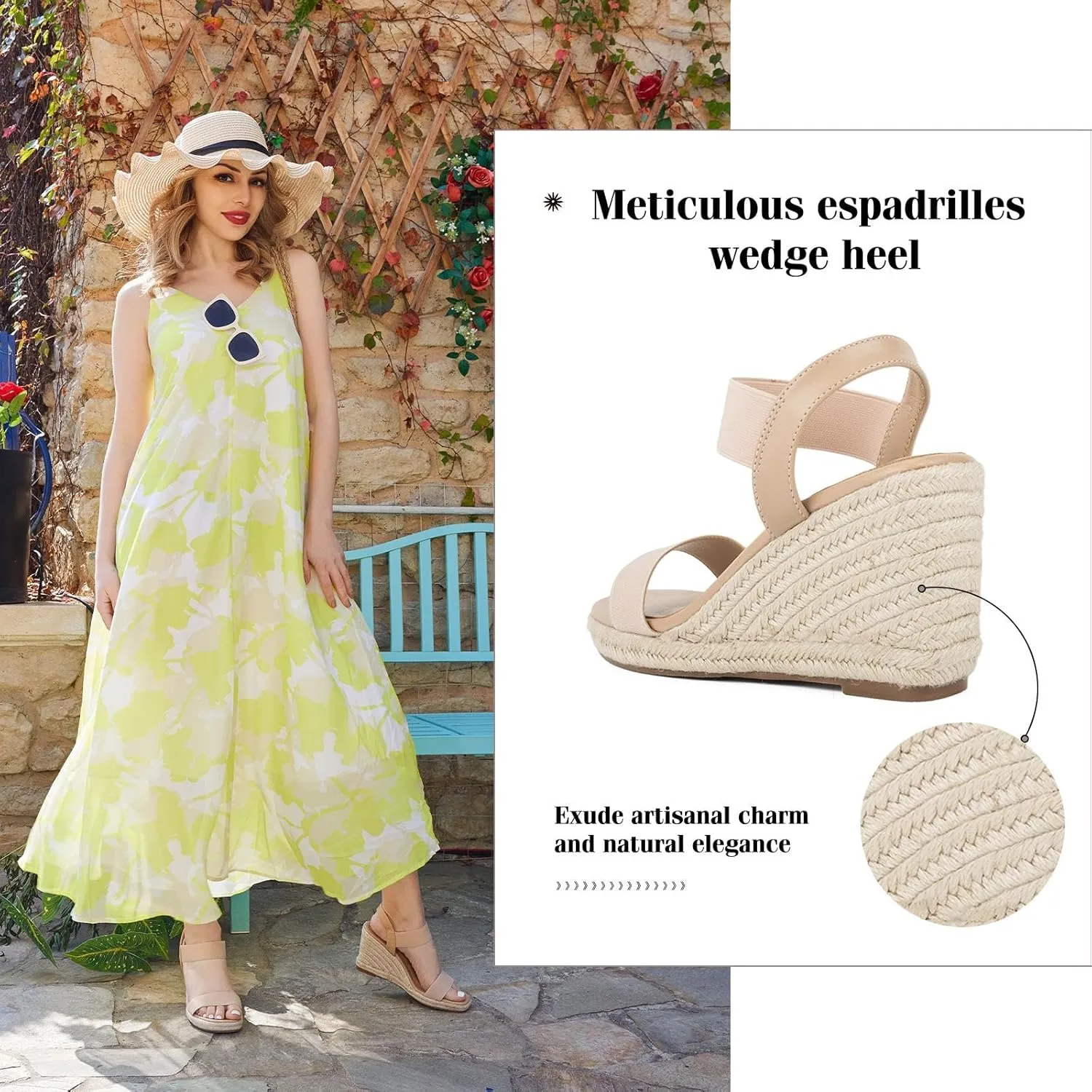 Putu Espadrille Platform Wedge Sandals for Women Square Open Toe Dressy Wedges with Elastic Ankle Strap