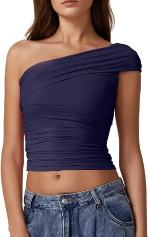 QINSEN Womens Sleeveless Foldover Top Double Lined One Shoulder T Shirts Summer Trendy Going Out Crop Tops