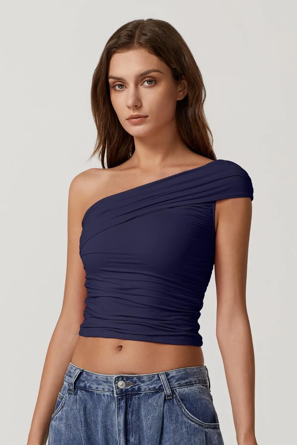 QINSEN Womens Sleeveless Foldover Top Double Lined One Shoulder T Shirts Summer Trendy Going Out Crop Tops