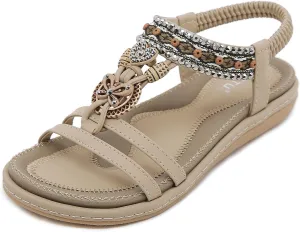 Qiucdzi Flat Sandals for Women Fashion Summer Comfortable Slip-on Casual Beach Shoes Dress Strap Elastic Sandals for lady