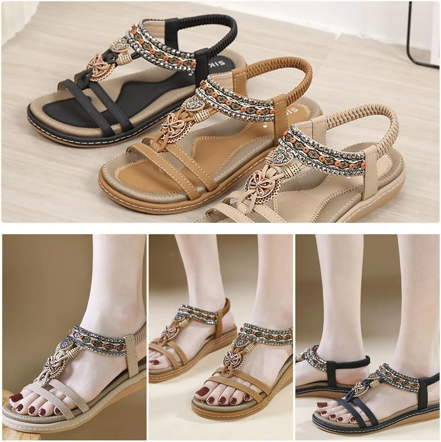 Qiucdzi Flat Sandals for Women Fashion Summer Comfortable Slip-on Casual Beach Shoes Dress Strap Elastic Sandals for lady