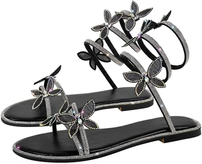 richealnini Rhinestone Spiral Strap Heels for Women Flat Sandals with Butterflies
