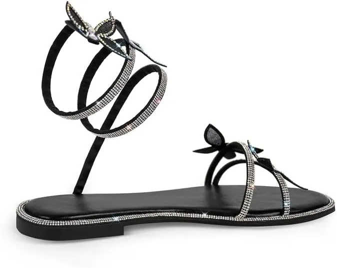 richealnini Rhinestone Spiral Strap Heels for Women Flat Sandals with Butterflies