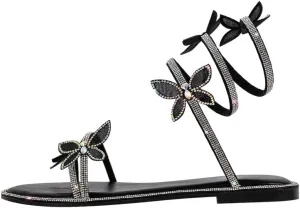 richealnini Rhinestone Spiral Strap Heels for Women Flat Sandals with Butterflies