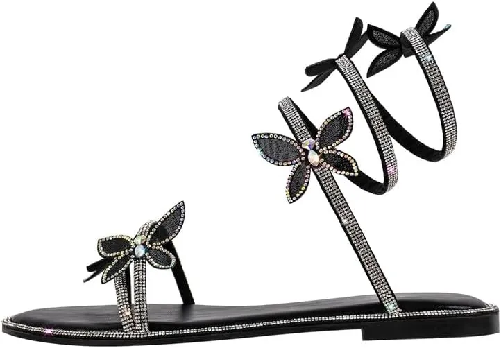 richealnini Rhinestone Spiral Strap Heels for Women Flat Sandals with Butterflies