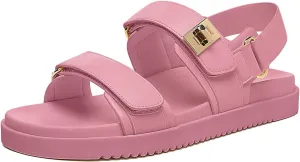 Rihero Women's Flat Sandals Comfort Adjustable Double Strap Slip on Leather Footbed Sandals