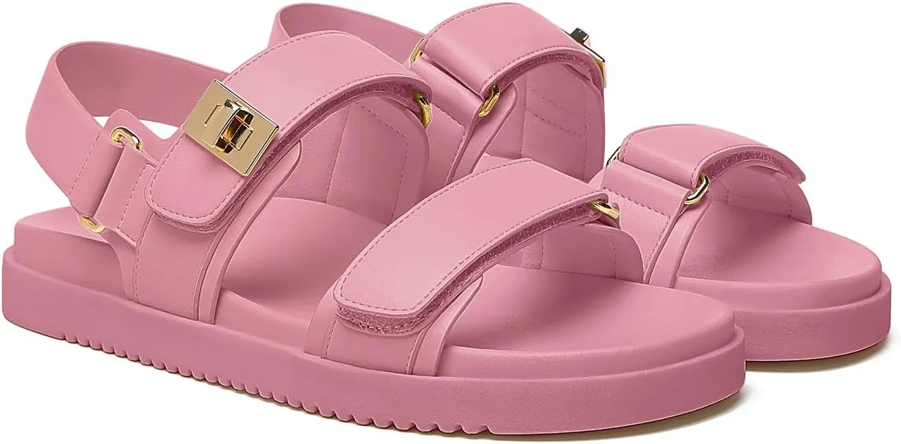 Rihero Women's Flat Sandals Comfort Adjustable Double Strap Slip on Leather Footbed Sandals
