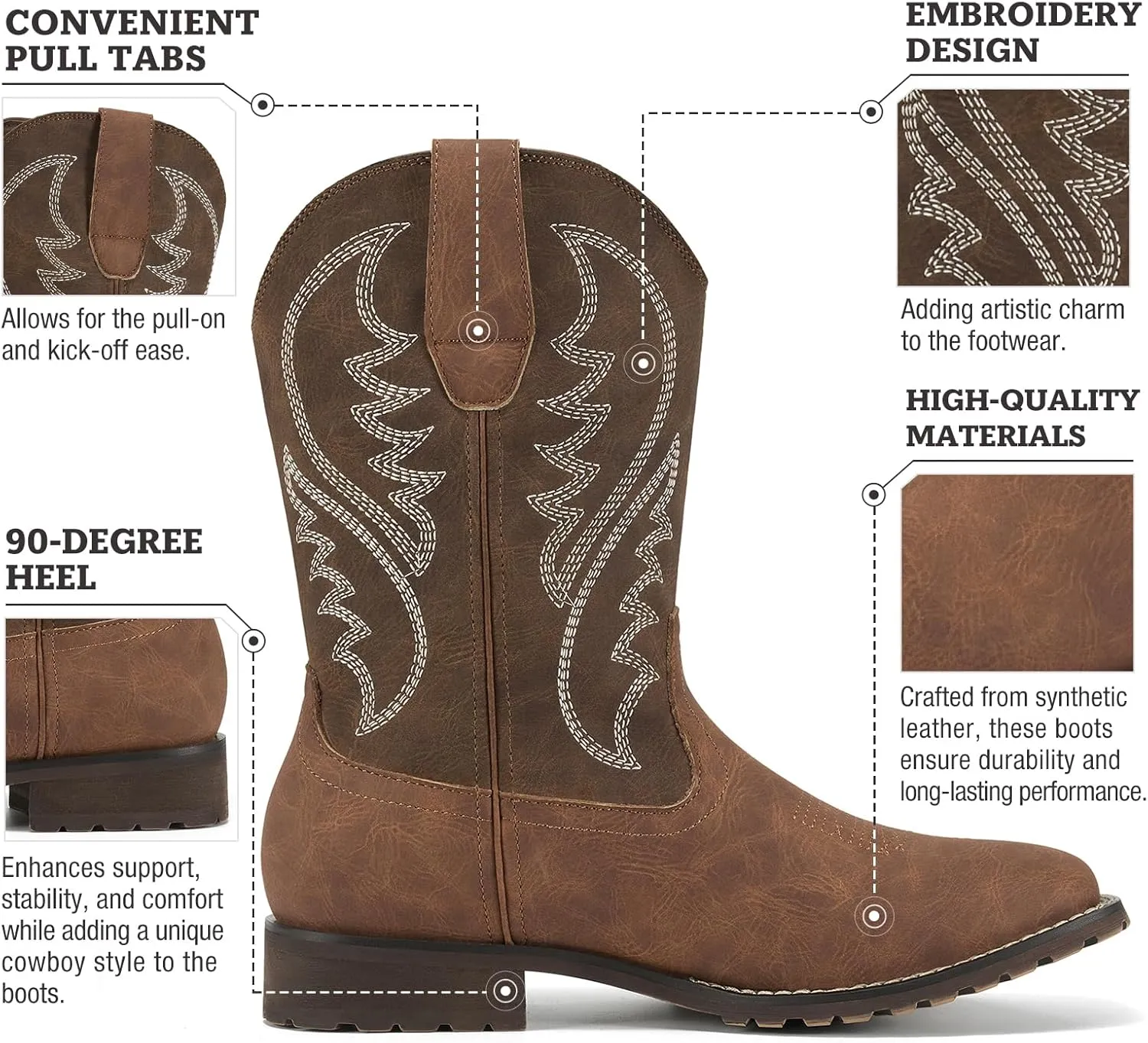 Rollda Cowboy Boots for Men Western Boots Men's Square Toe Chunky Heel Mid-Calf Boots Classic Embroidered Pull On Boots