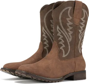 Rollda Cowboy Boots for Men Western Boots Men's Square Toe Chunky Heel Mid-Calf Boots Classic Embroidered Pull On Boots