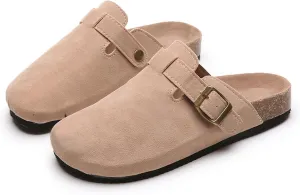 SACFOF Women's Suede Clogs Leather Mules Cork Footbed Sandals Unisex Slip-on Comfortable Home Mules Potato Shoes