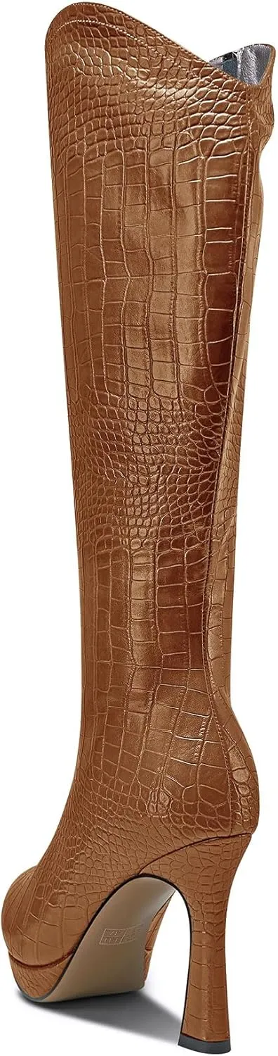 Saekcted Womens Stiletto High Heel Pointed Toe Mid Calf Boots Platform Slip-on Zipper Dress Shoes Prom Party Winter 3.9 Inches Heels