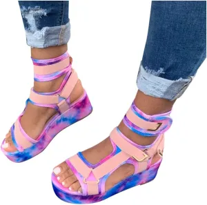 Sandals for Women Wide Width,Open Toe Crystal Ankle Strap Platform Casual Summer Espadrilles Flatform Wedge Sandals