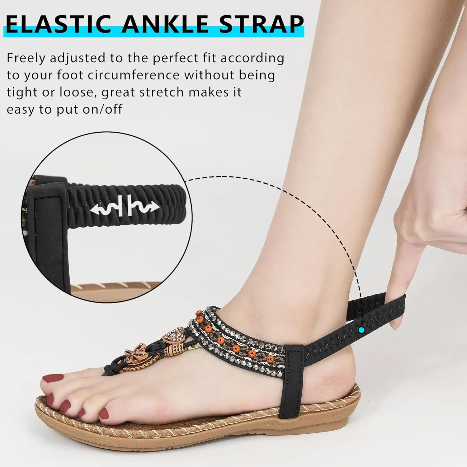 Sandals Women Dressy Flats: Bohemian Flat Sandals for Women Comfortable Summer Casual Flip Flops Elastic Ankle Strap