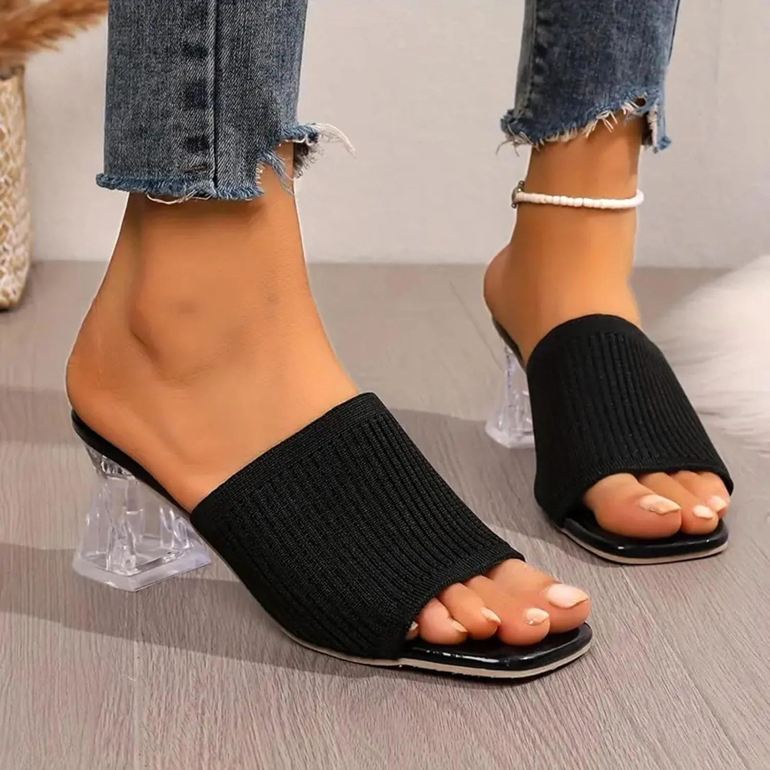 Sandals Women Square Toe Heeled Mules Clear Block Heels Sandals Knit Chunky Square Heels Slip On Breathable Slides