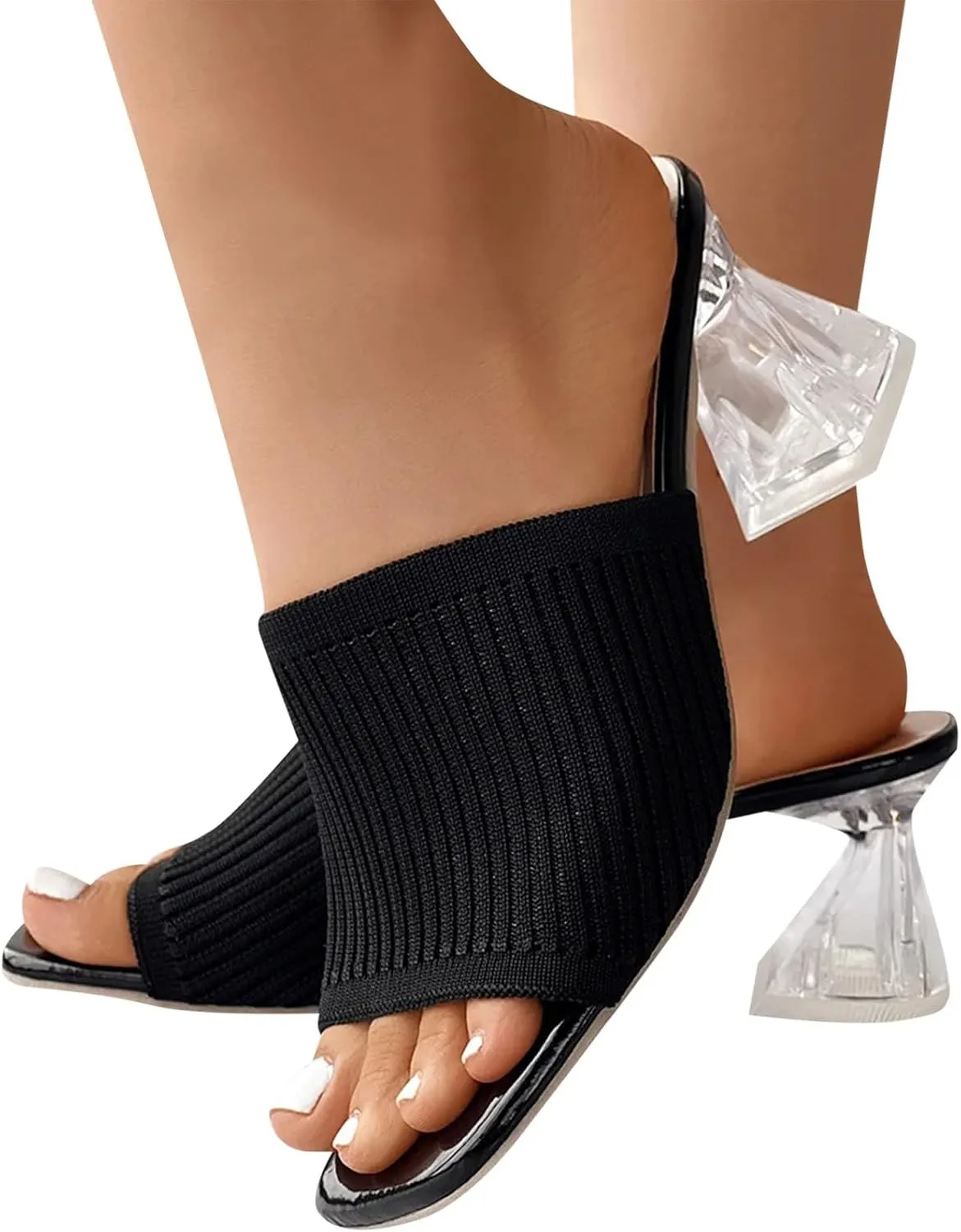 Sandals Women Square Toe Heeled Mules Clear Block Heels Sandals Knit Chunky Square Heels Slip On Breathable Slides