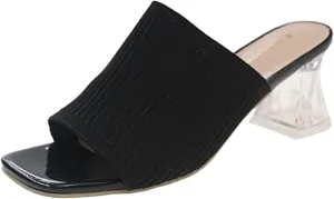 Sandals Women Square Toe Heeled Mules Clear Block Heels Sandals Knit Chunky Square Heels Slip On Breathable Slides