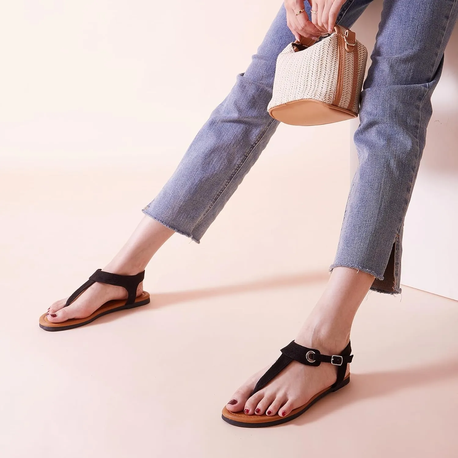 SANDALUP Women's Sandals Thong Flat Sandals Comfortable T-Strap Summer Shoes with Adjustable Ankle Buckle Dressy Sandals