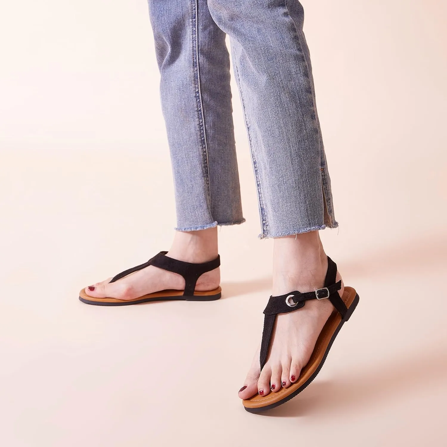 SANDALUP Women's Sandals Thong Flat Sandals Comfortable T-Strap Summer Shoes with Adjustable Ankle Buckle Dressy Sandals
