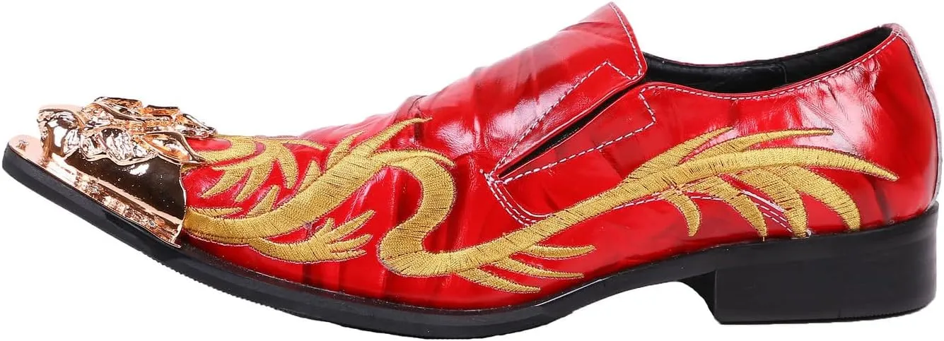 Santimon Loafers Pointed Toe Western Embroidery Leather Dress Men Shoes