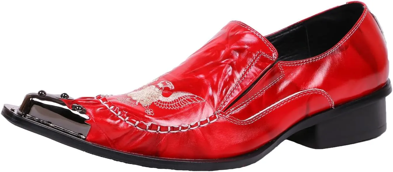 Santimon Loafers Pointed Toe Western Embroidery Leather Dress Men Shoes