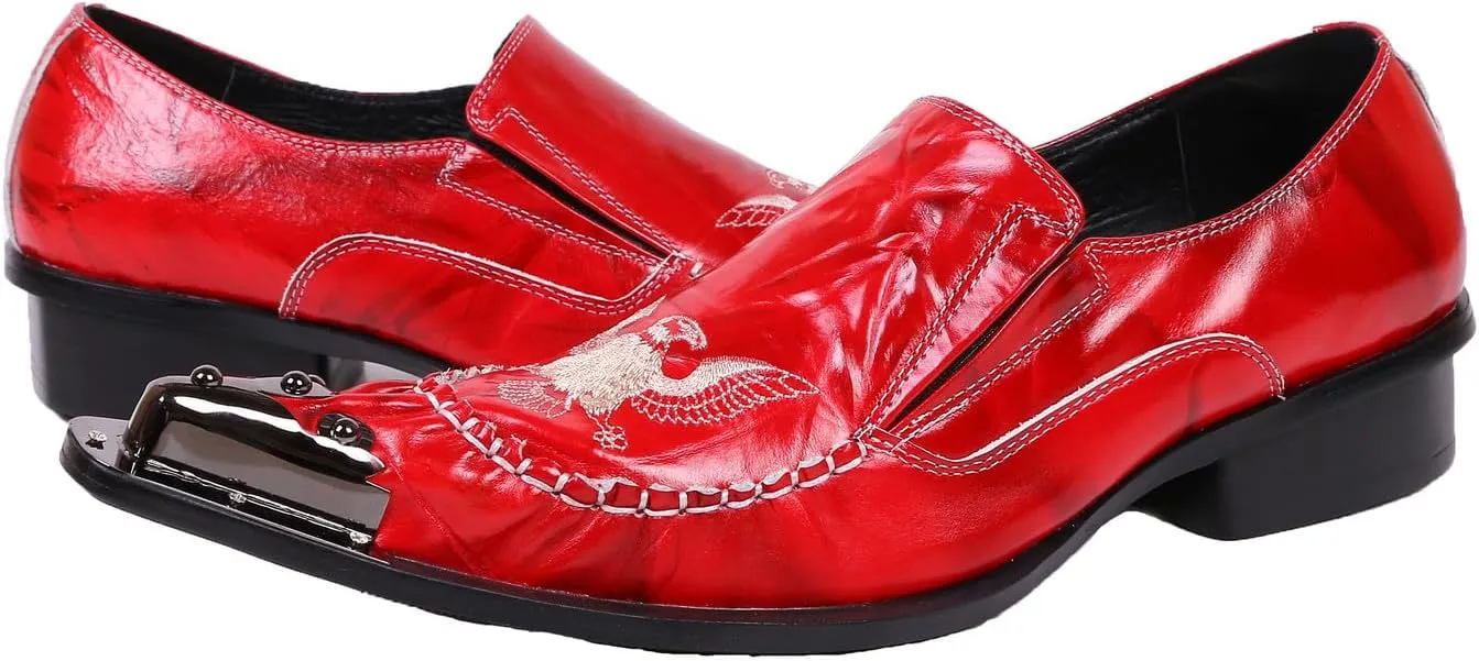 Santimon Loafers Pointed Toe Western Embroidery Leather Dress Men Shoes