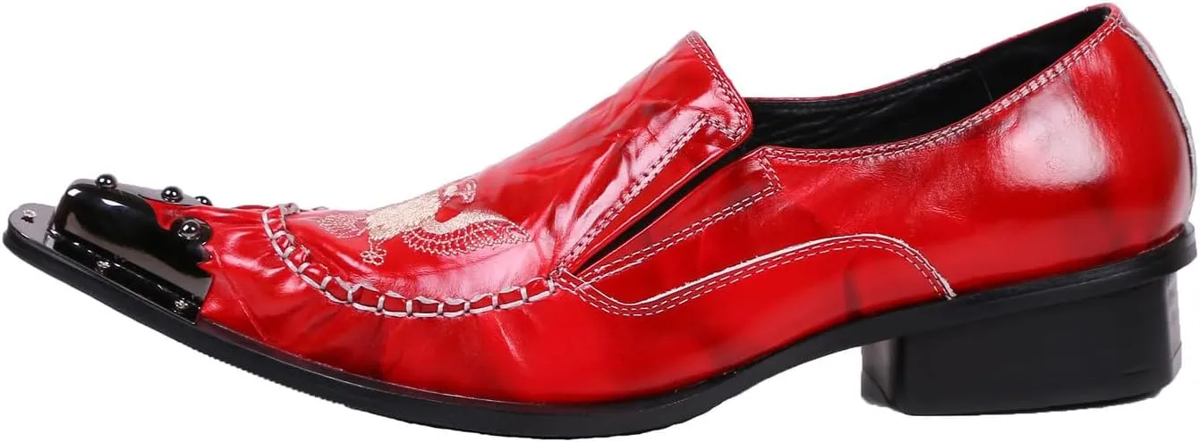 Santimon Loafers Pointed Toe Western Embroidery Leather Dress Men Shoes