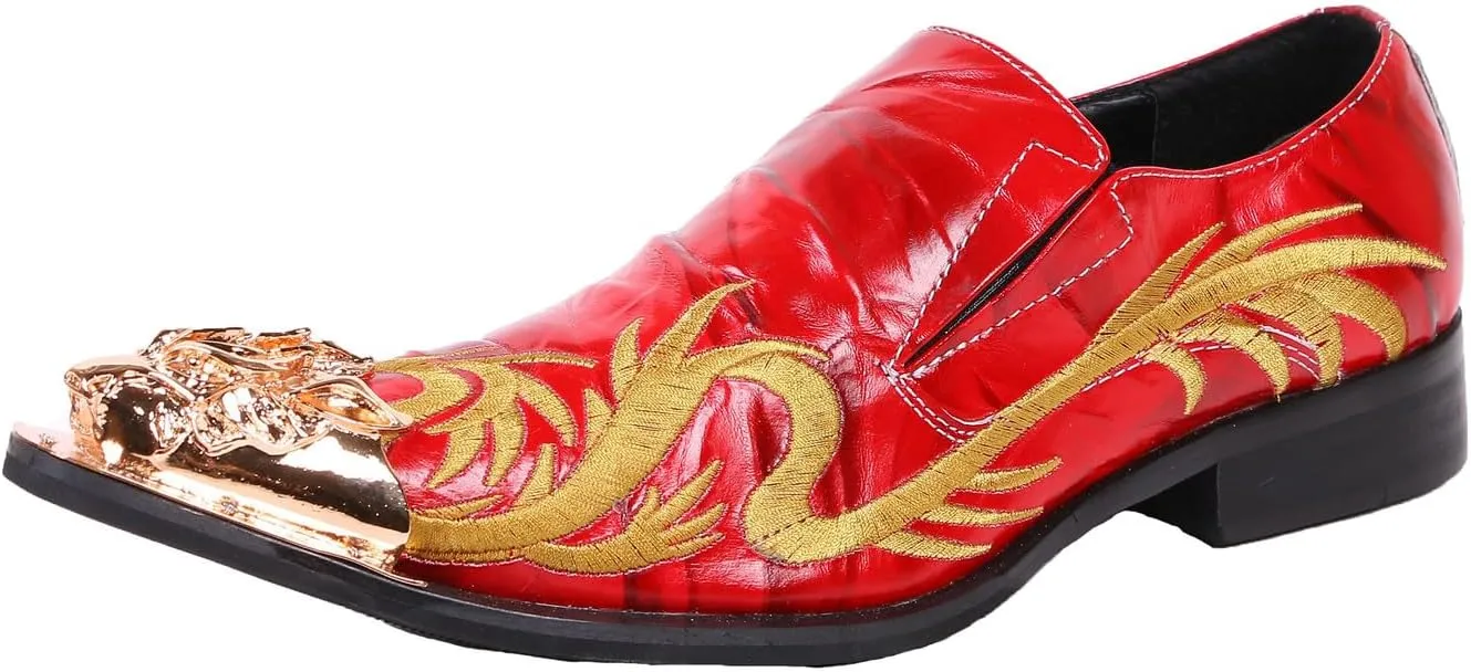 Santimon Loafers Pointed Toe Western Embroidery Leather Dress Men Shoes