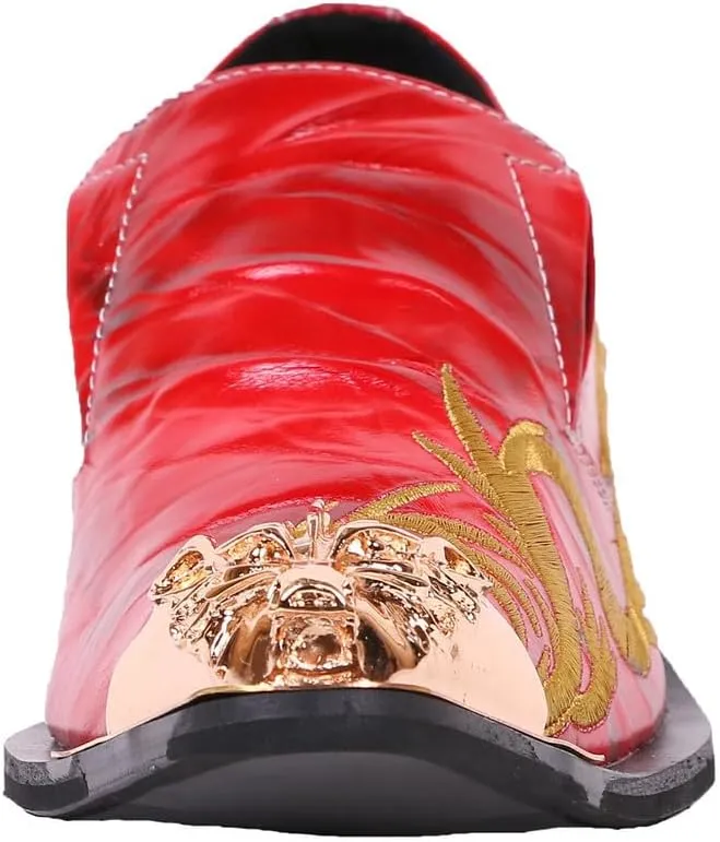 Santimon Loafers Pointed Toe Western Embroidery Leather Dress Men Shoes