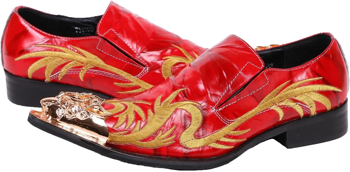 Santimon Loafers Pointed Toe Western Embroidery Leather Dress Men Shoes