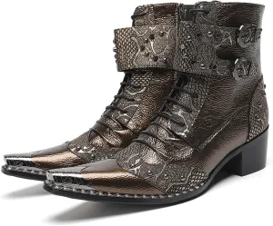 Santimon Men's Casual Dress Leather Cowboy Boots with Buckles and Rivet Details – Stylish Lace-Up Pointed Toe Western Boots for Fashion-Forward Casual, Party,Ballroom & Bar