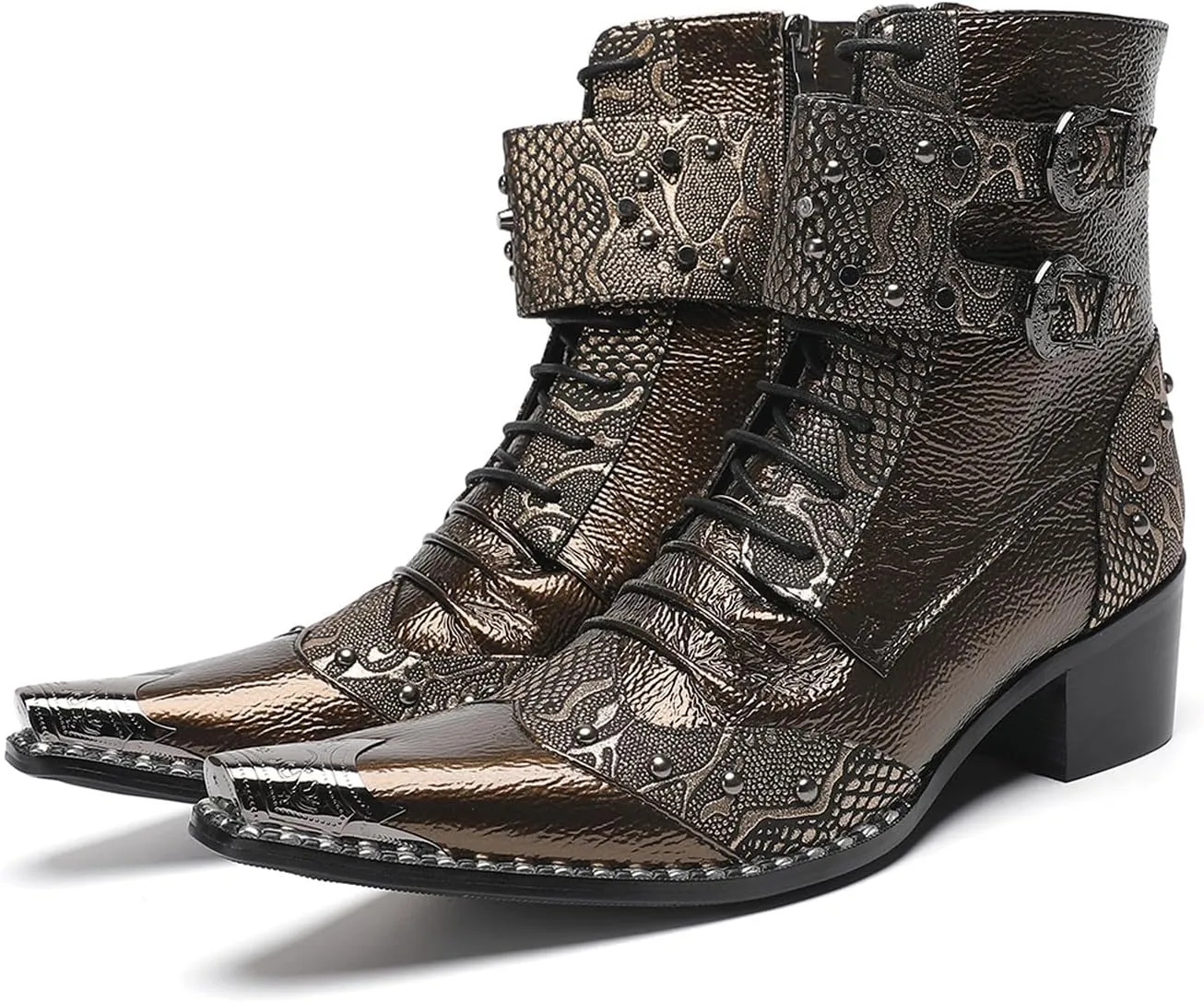 Santimon Men's Casual Dress Leather Cowboy Boots with Buckles and Rivet Details – Stylish Lace-Up Pointed Toe Western Boots for Fashion-Forward Casual, Party,Ballroom & Bar