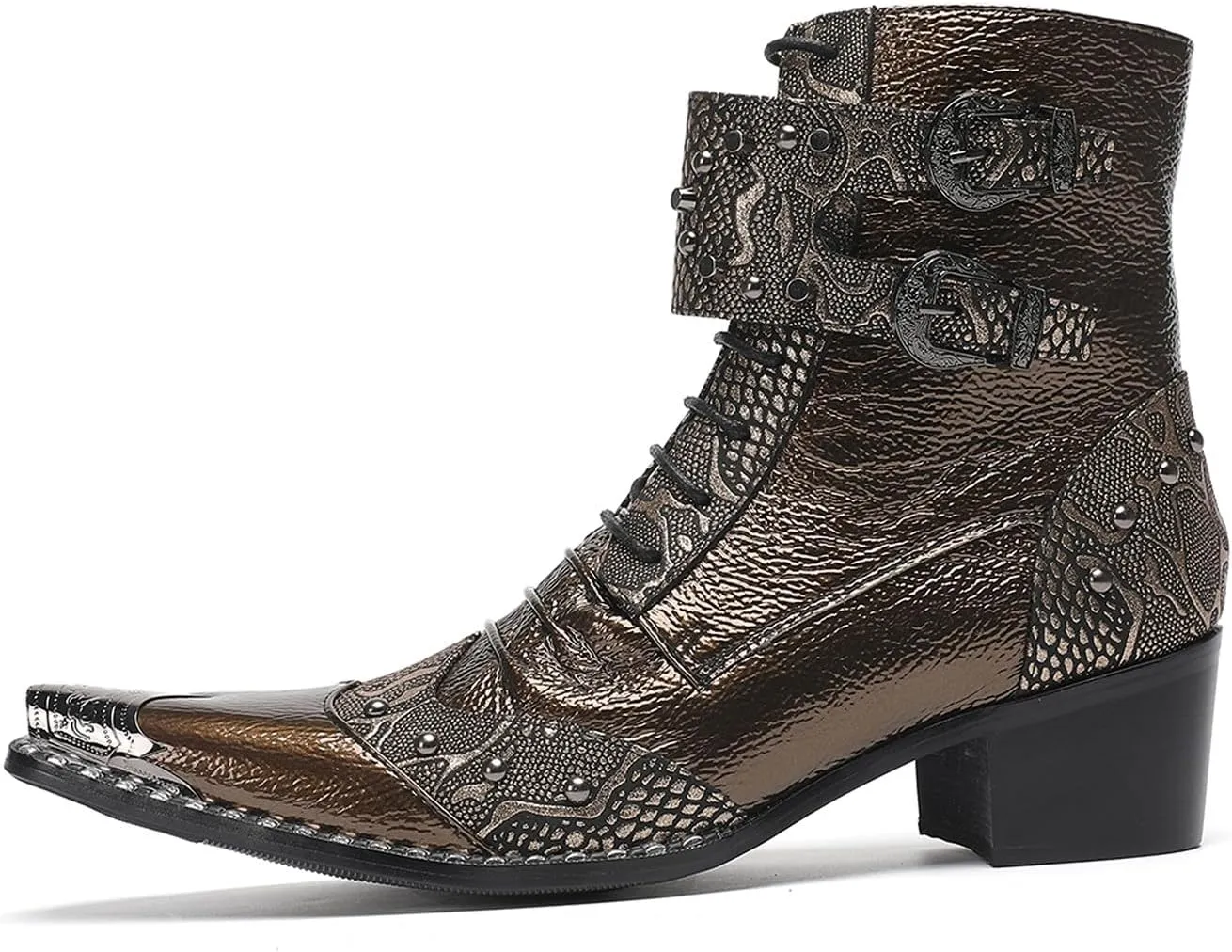 Santimon Men's Casual Dress Leather Cowboy Boots with Buckles and Rivet Details – Stylish Lace-Up Pointed Toe Western Boots for Fashion-Forward Casual, Party,Ballroom & Bar