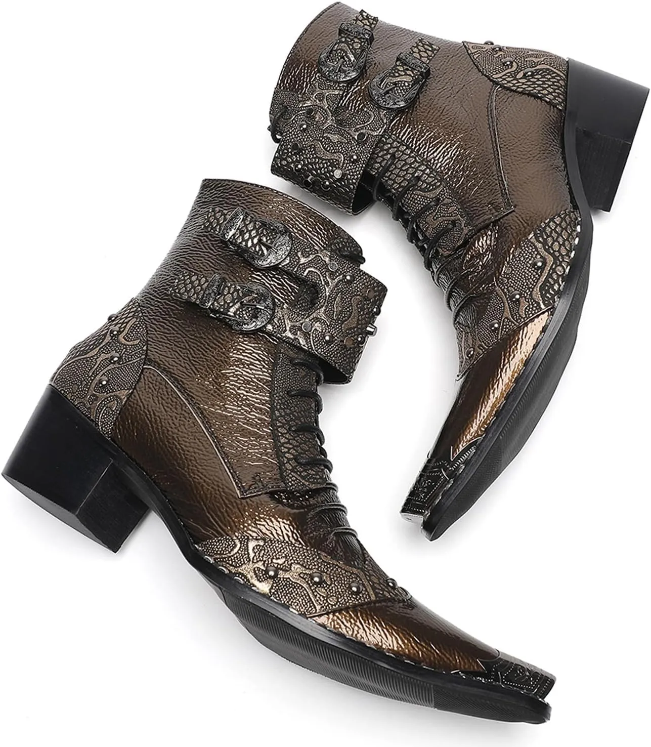Santimon Men's Casual Dress Leather Cowboy Boots with Buckles and Rivet Details – Stylish Lace-Up Pointed Toe Western Boots for Fashion-Forward Casual, Party,Ballroom & Bar