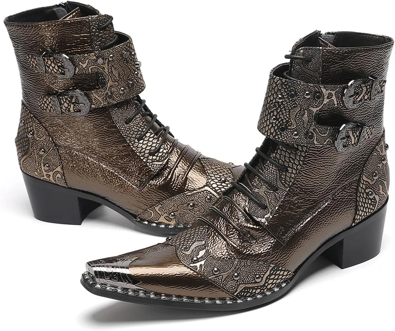 Santimon Men's Casual Dress Leather Cowboy Boots with Buckles and Rivet Details – Stylish Lace-Up Pointed Toe Western Boots for Fashion-Forward Casual, Party,Ballroom & Bar