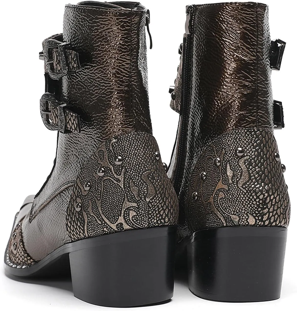 Santimon Men's Casual Dress Leather Cowboy Boots with Buckles and Rivet Details – Stylish Lace-Up Pointed Toe Western Boots for Fashion-Forward Casual, Party,Ballroom & Bar