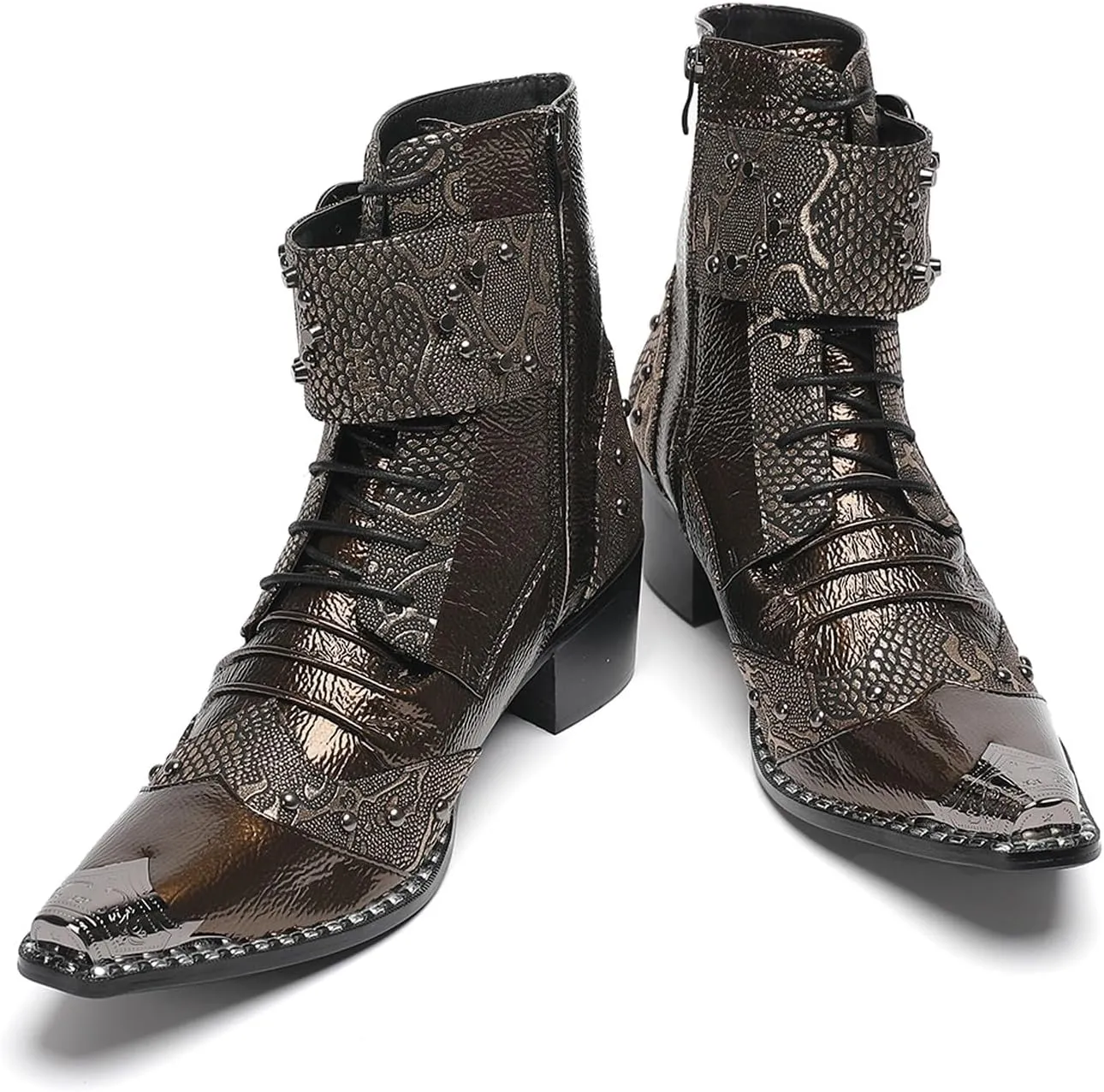 Santimon Men's Casual Dress Leather Cowboy Boots with Buckles and Rivet Details – Stylish Lace-Up Pointed Toe Western Boots for Fashion-Forward Casual, Party,Ballroom & Bar