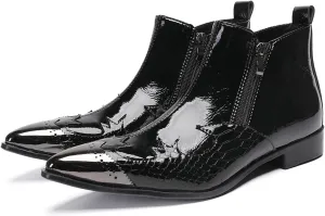 Santimon Men’s Fashion Chelsea Boots with Double Zipper – Pointed Toe Casual Dress Cowboy Boots with Glossy Patent Leather, Textured Design – Stylish Party, Stage, Club Ankle Boots for Men