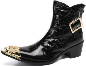 Santimon Men's Genuine Leather Western Chelsea Boots | Mid-Top Boots with Metallic Toe & Side Zipper | Bold Style for Nightclubs, Upscale Parties & Stage Performances