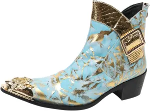 Santimon Men's Genuine Leather Western Chelsea Boots | Mid-Top Boots with Metallic Toe & Side Zipper | Bold Style for Nightclubs, Upscale Parties & Stage Performances