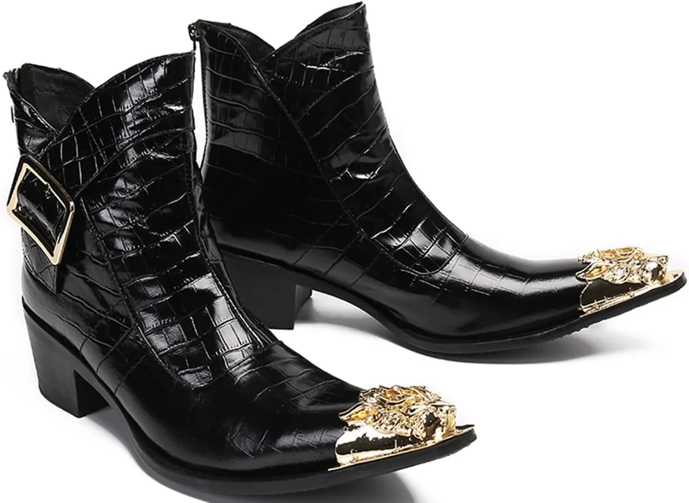 Santimon Men's Genuine Leather Western Chelsea Boots | Mid-Top Boots with Metallic Toe & Side Zipper | Bold Style for Nightclubs, Upscale Parties & Stage Performances