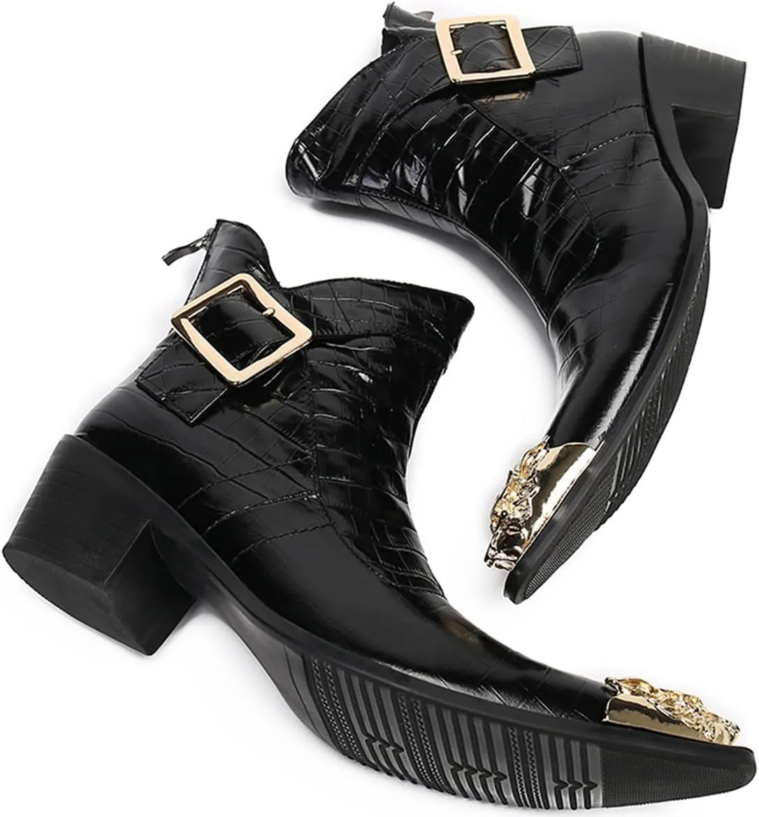 Santimon Men's Genuine Leather Western Chelsea Boots | Mid-Top Boots with Metallic Toe & Side Zipper | Bold Style for Nightclubs, Upscale Parties & Stage Performances