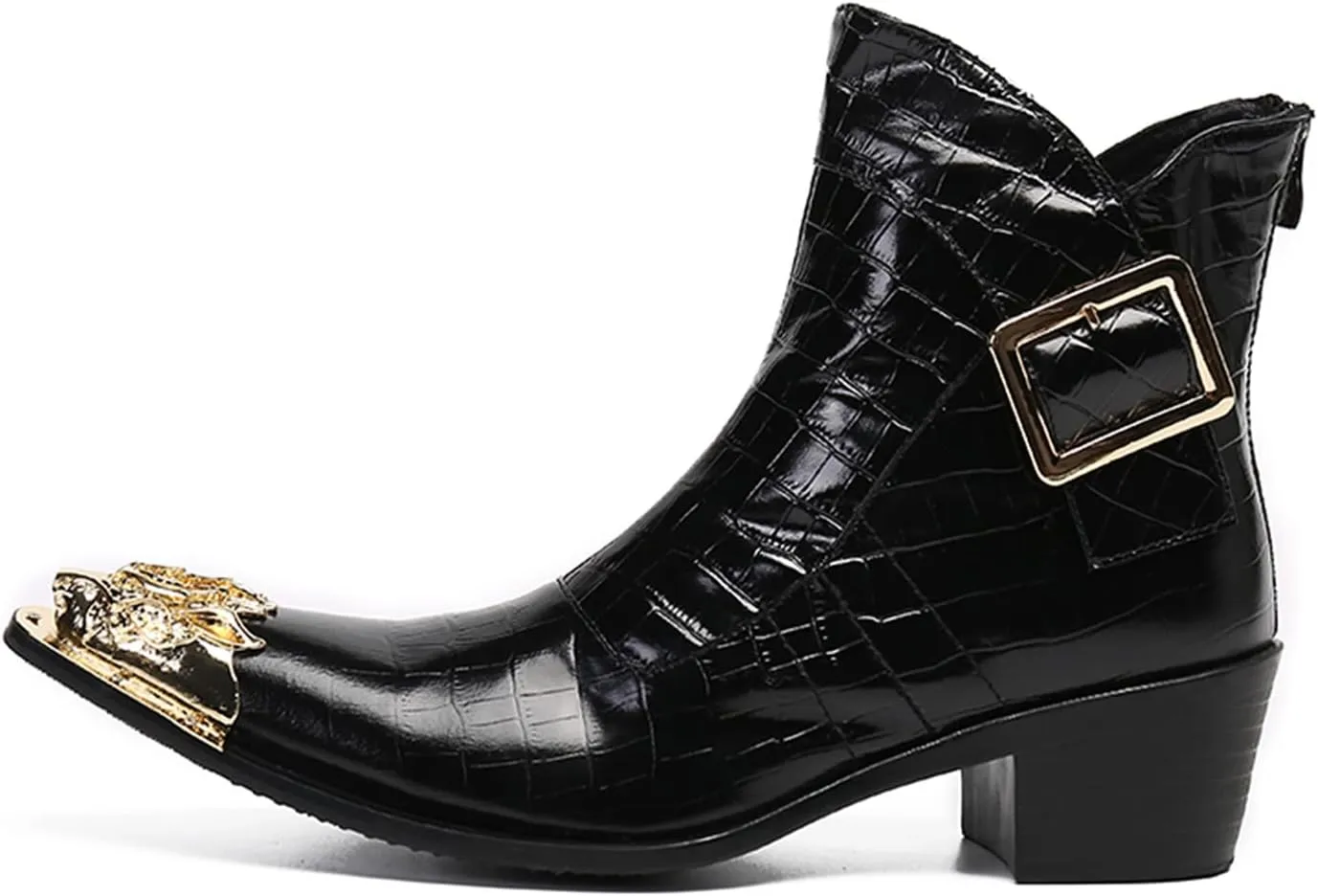 Santimon Men's Genuine Leather Western Chelsea Boots | Mid-Top Boots with Metallic Toe & Side Zipper | Bold Style for Nightclubs, Upscale Parties & Stage Performances