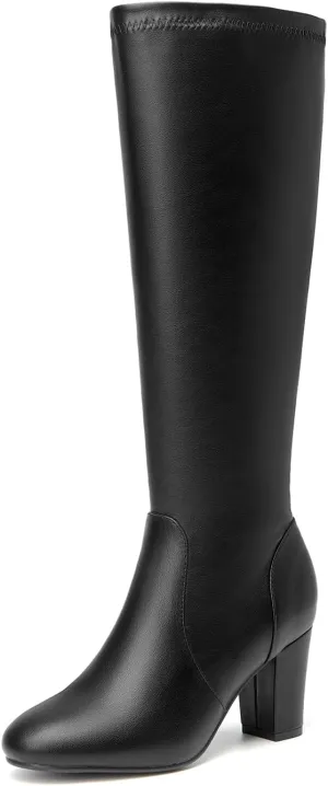 SelenePair Women's Knee High Boots Chunky Block Heel Round Toe Side Zipper Fashion Dress Winter Shoes