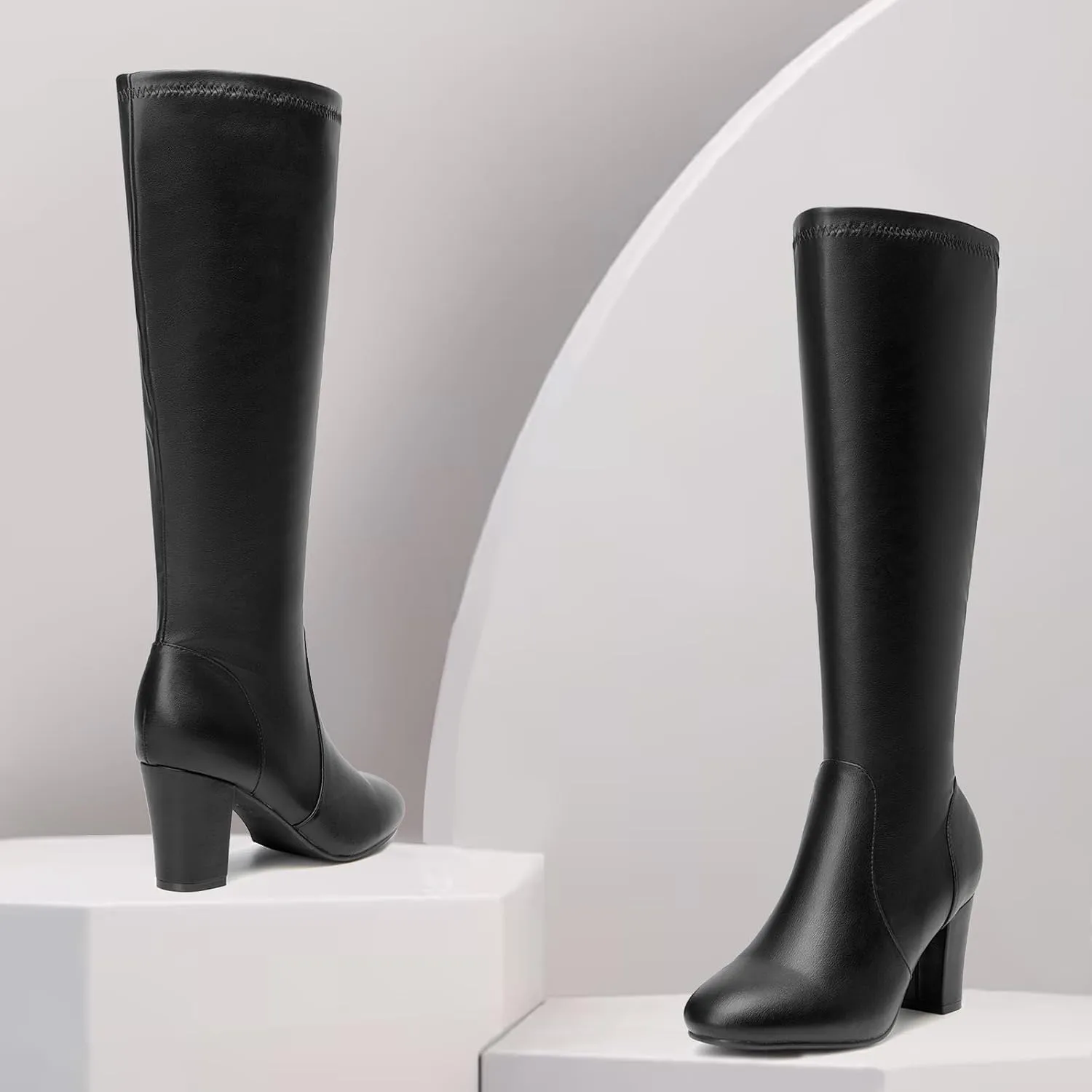 SelenePair Women's Knee High Boots Chunky Block Heel Round Toe Side Zipper Fashion Dress Winter Shoes
